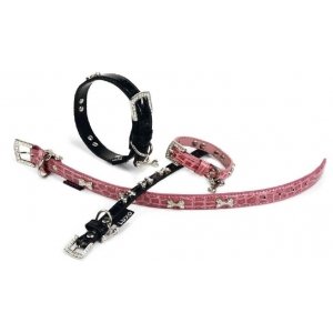 Luxo honden halsband roze en zwart - Roze 32 cm x 12 mm